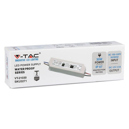 Sursă de alimentare slim de 12 V, 30 W și 2,5 A cu protecție IP67 V-Tac SKU-3271
