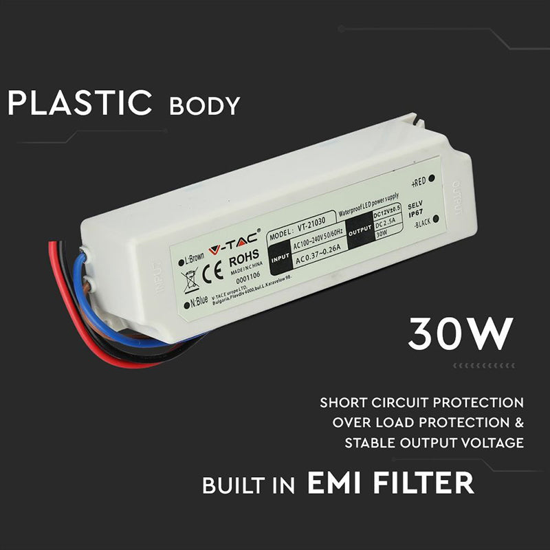 Sursă de alimentare slim de 12 V, 30 W și 2,5 A cu protecție IP67 V-Tac SKU-3271