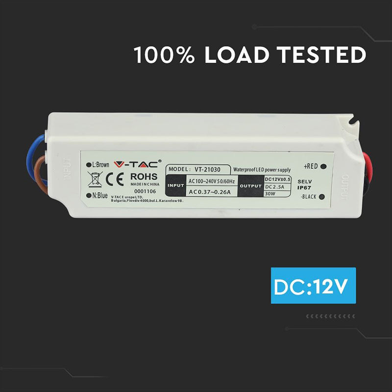 Sursă de alimentare slim de 12 V, 30 W și 2,5 A cu protecție IP67 V-Tac SKU-3271
