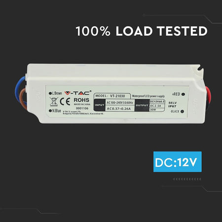 Sursă de alimentare slim de 12 V, 30 W și 2,5 A cu protecție IP67 V-Tac SKU-3271