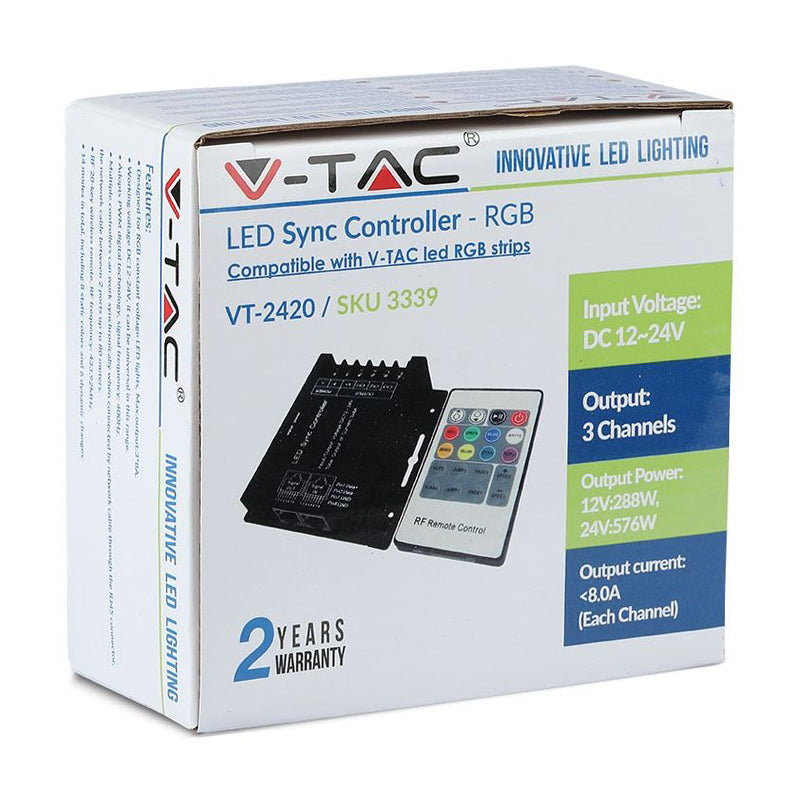 Controller bandă LED RGB cu alimentare 12-24 V DC și telecomandă cu 20 de butoane V-Tac SKU-3339