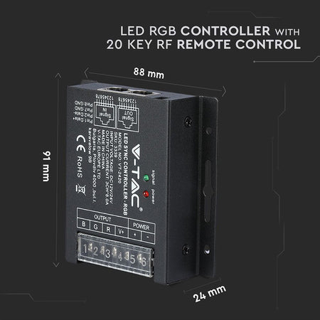Controller bandă LED RGB cu alimentare 12-24 V DC și telecomandă cu 20 de butoane V-Tac SKU-3339