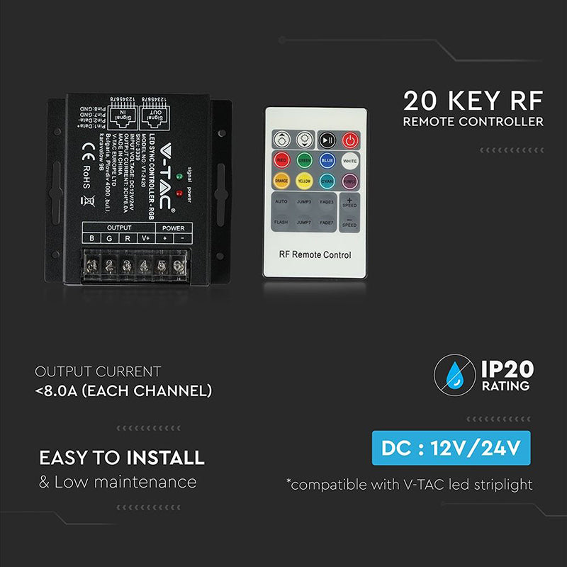 Controller bandă LED RGB cu alimentare 12-24 V DC și telecomandă cu 20 de butoane V-Tac SKU-3339