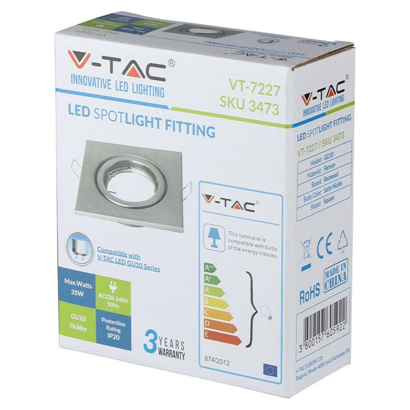 Corp spot încastrat GU10 pătrat cu unghi reglabil din aluminiu nichel V-Tac SKU-3473