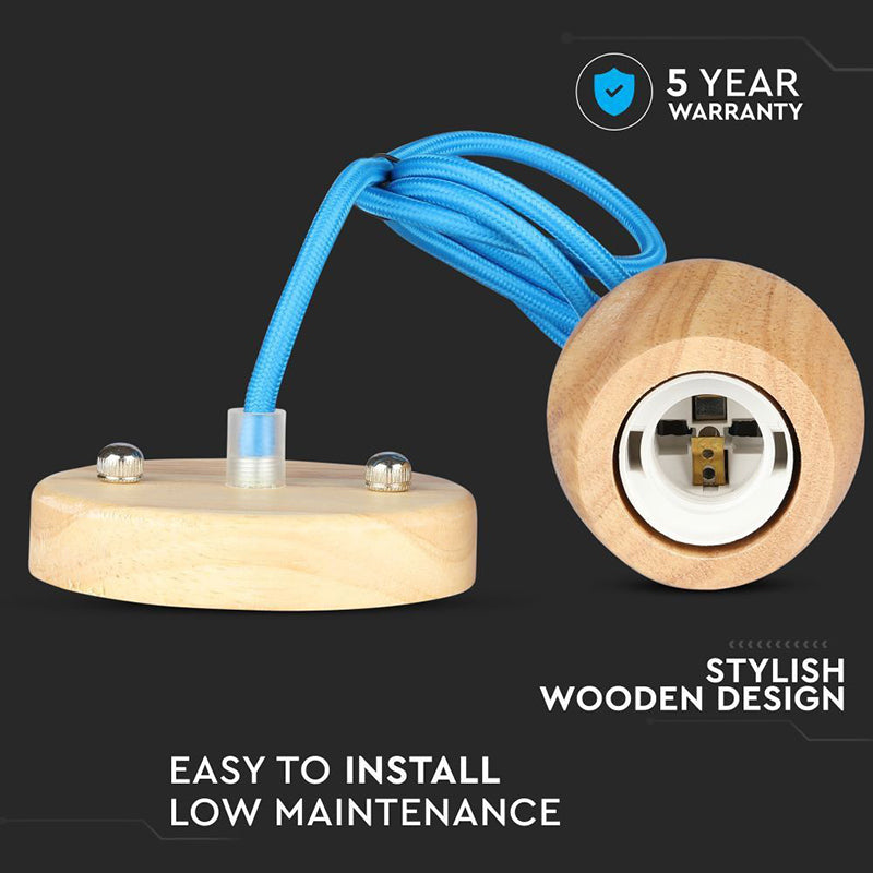 Pendul tavan cu soclu E27 din lemn cu cablu albastru de 1 m V-Tac SKU-3722