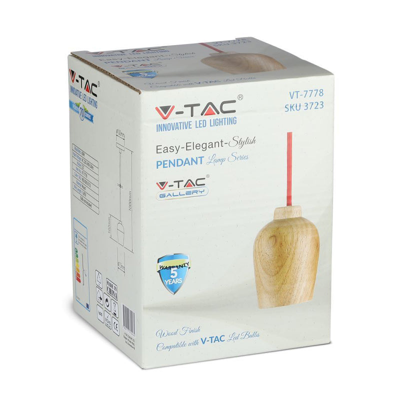 Pendul tavan cu soclu E27 din lemn cu cablu roșu V-Tac SKU-3723