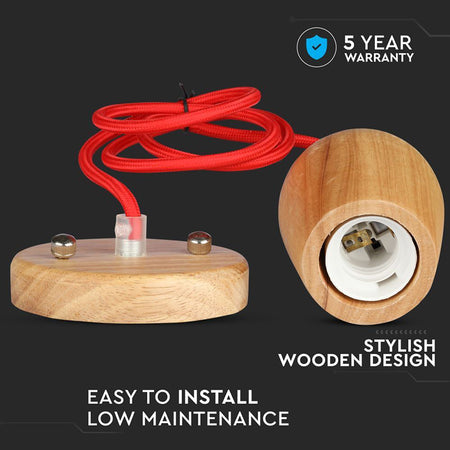 Pendul tavan cu soclu E27 din lemn cu cablu roșu V-Tac SKU-3723