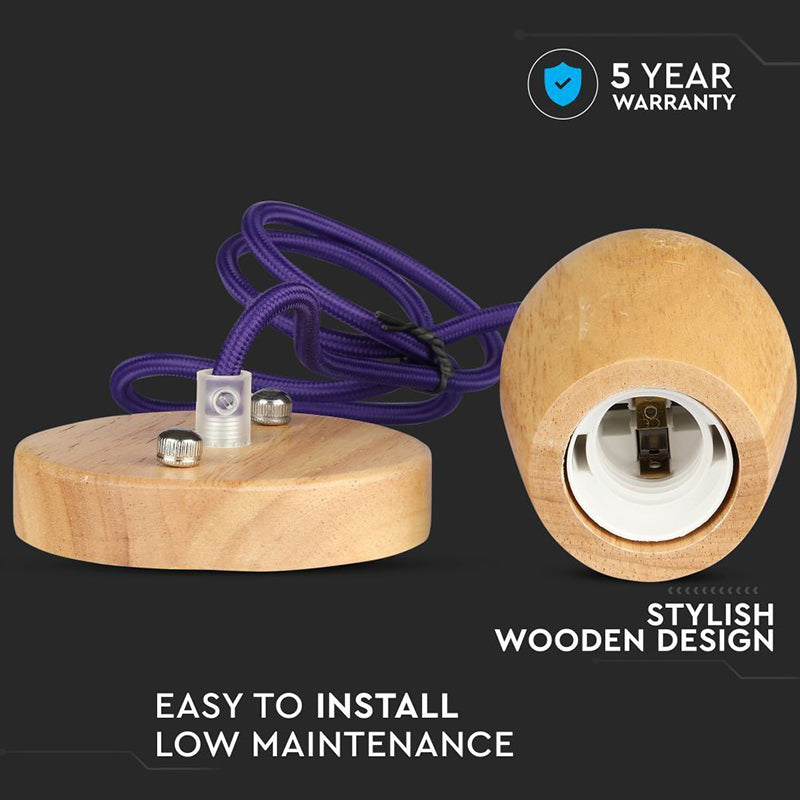 Pendul de tavan din lemn cu soclu E27 și cablu violet de 1 m V-Tac SKU-3724