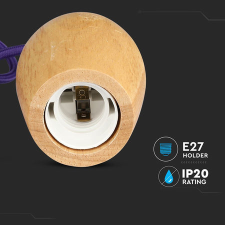 Pendul de tavan din lemn cu soclu E27 și cablu violet de 1 m V-Tac SKU-3724