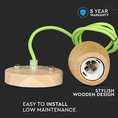 Pendul de tavan cu soclu E27 din lemn cu cablu verde V-Tac SKU-3725