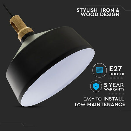Corp de iluminat suspendat E27 max. 60 W negru cu suport din lemn V-Tac SKU-3766
