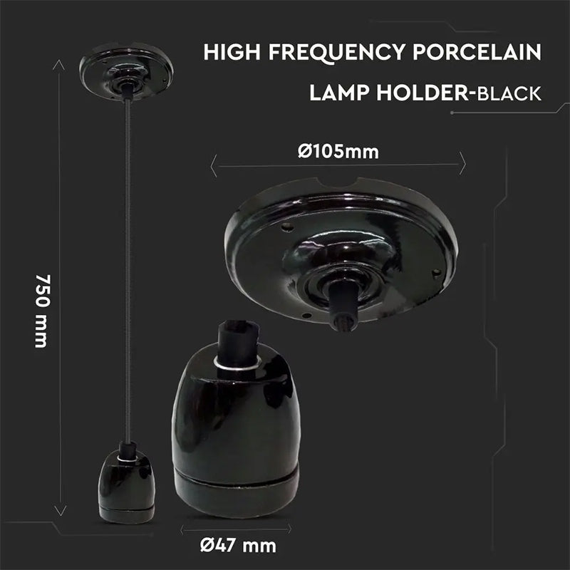 Pendul Tavan Soclu E27 Portelan - Negru