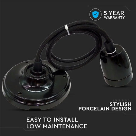 Pendul Tavan Soclu E27 Portelan - Negru