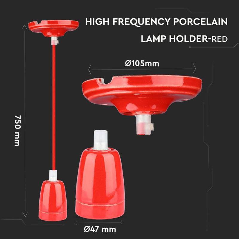 Pendul Tavan Portelan Soclu E27 - Rosu