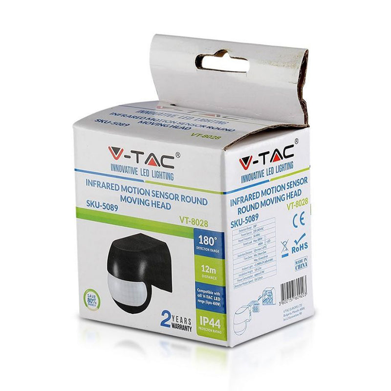 Senzor de mișcare infraroșu cu unghi reglabil de 180°, IP44 negru V-Tac SKU-5089