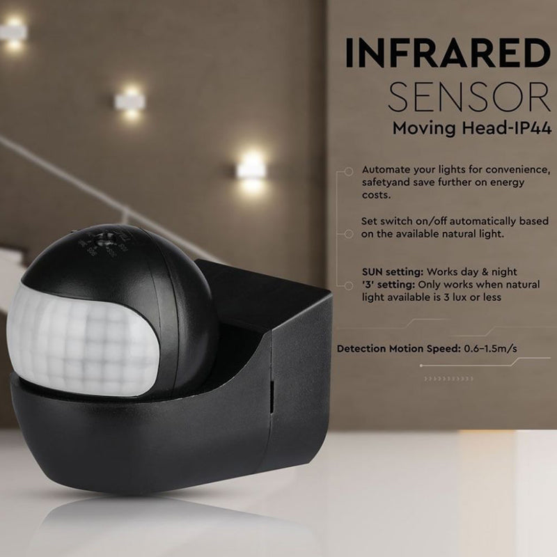Senzor de mișcare infraroșu cu unghi reglabil de 180°, IP44 negru V-Tac SKU-5089