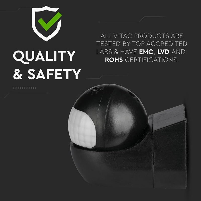 Senzor de mișcare infraroșu cu unghi reglabil de 180°, IP44 negru V-Tac SKU-5089