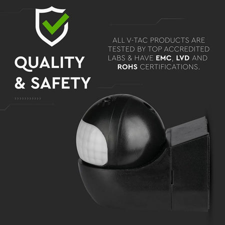 Senzor de mișcare infraroșu cu unghi reglabil de 180°, IP44 negru V-Tac SKU-5089