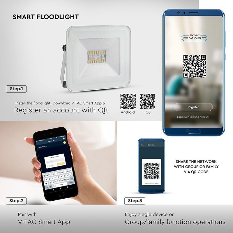 Reflector LED Smart RGB 20 W IP65 cu corp alb V-Tac SKU-5984