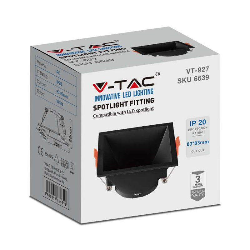 Corp spot încastrat pătrat pentru GU10 negru cu decupaj 83 × 83 mm V-Tac SKU-6639