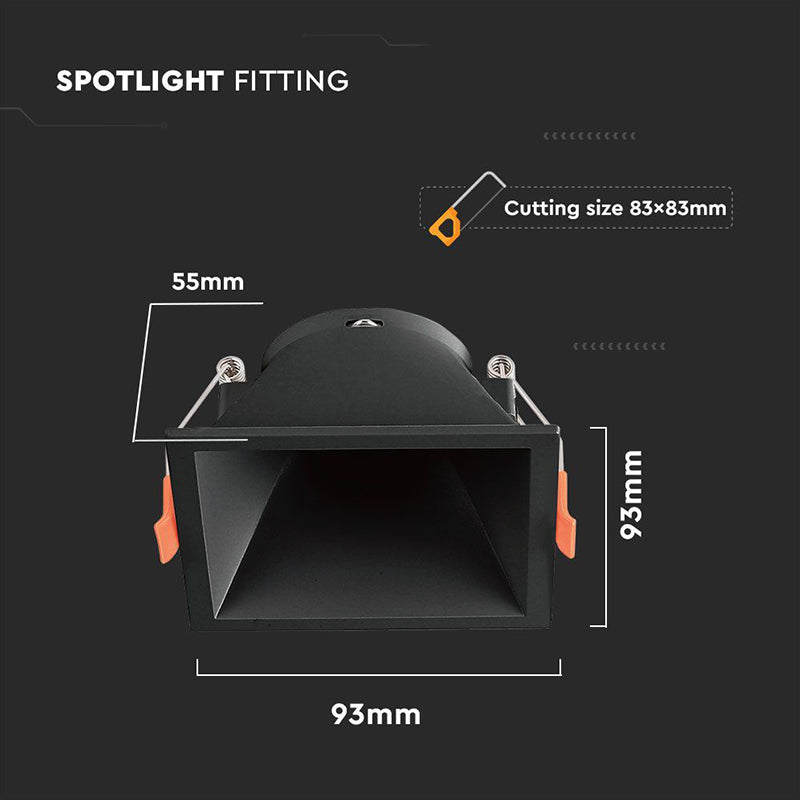 Corp spot încastrat pătrat pentru GU10 negru cu decupaj 83 × 83 mm V-Tac SKU-6639