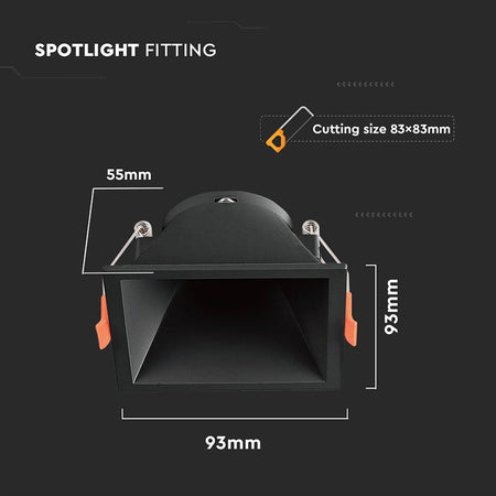 Corp spot încastrat pătrat pentru GU10 negru cu decupaj 83 × 83 mm V-Tac SKU-6639