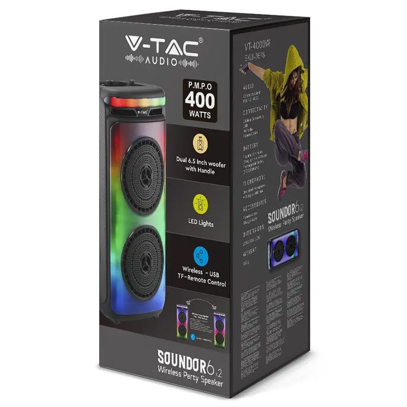 Boxă portabilă 2×6 inch 50 W RMS, Bluetooth/FM/AUX, lumini LED, microfon V-Tac SKU-7676
