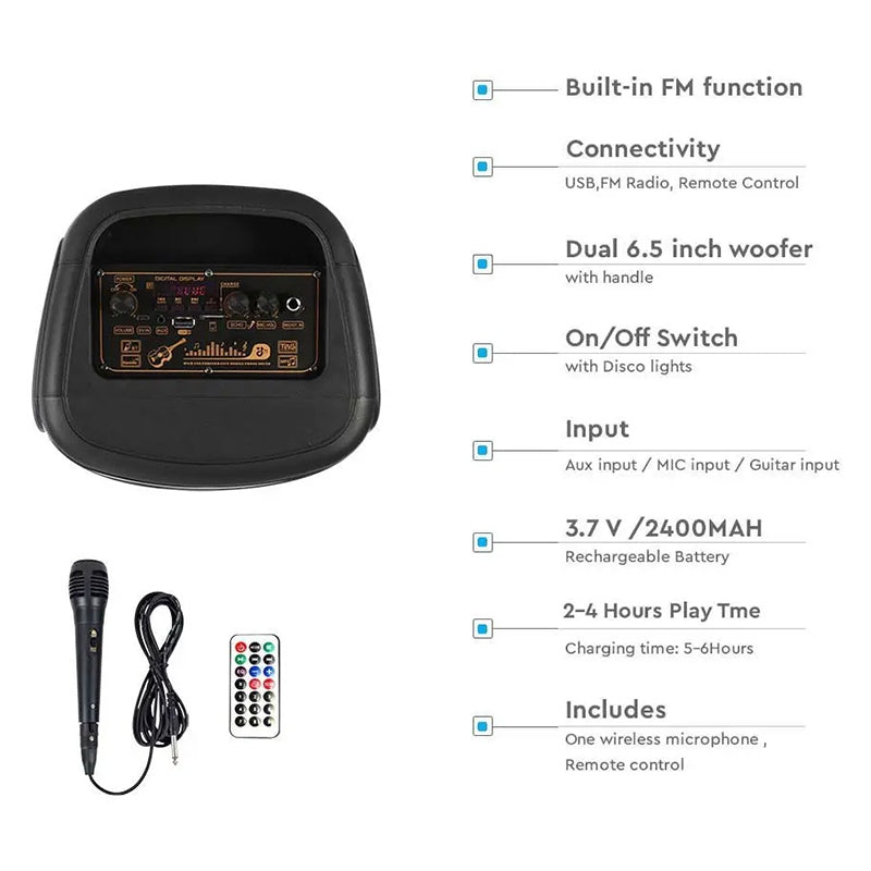 Boxă portabilă 2×6 inch 50 W RMS, Bluetooth/FM/AUX, lumini LED, microfon V-Tac SKU-7676