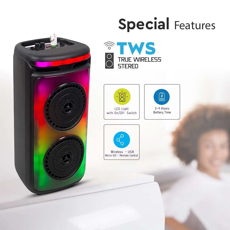 Boxă portabilă 2×6 inch 50 W RMS, Bluetooth/FM/AUX, lumini LED, microfon V-Tac SKU-7676