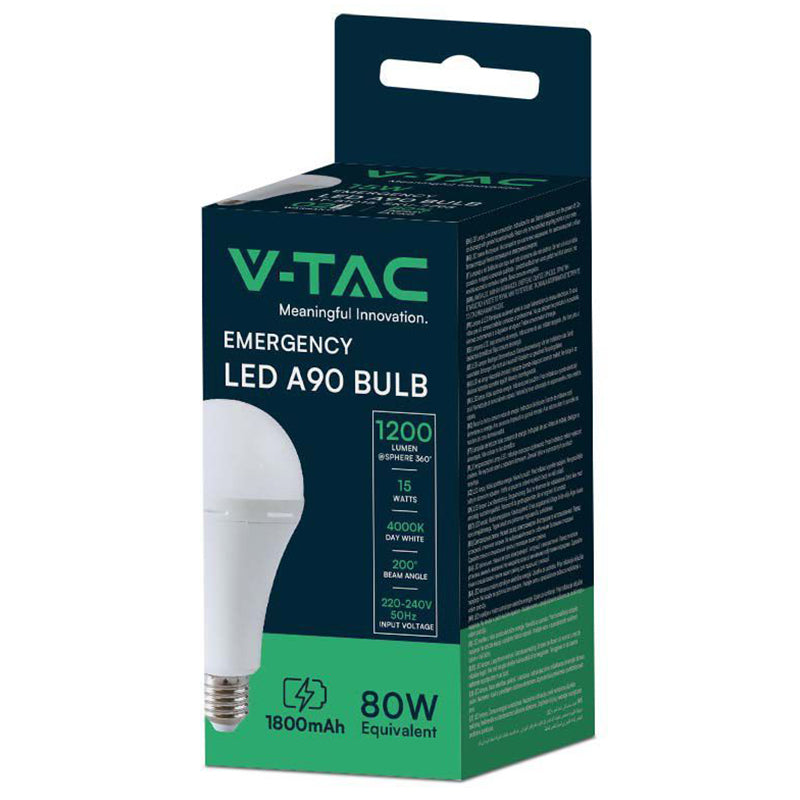 Bec LED A90 15 W 4000K pentru urgență 3 ore, E27, 1200 lm, V-Tac SKU-7795