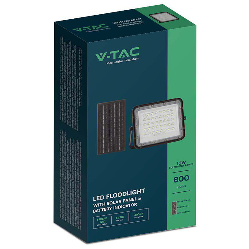 Reflector cu încărcare solară LED 10W 800 lm IP65, aluminiu negru, V-Tac