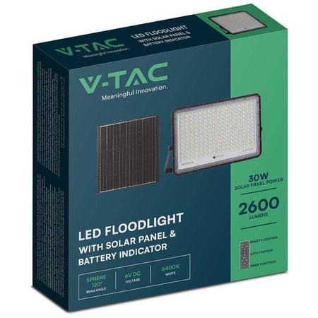 Reflector cu încărcare solară 30 W, 6400K, aluminiu negru, IP65, V-Tac SKU-7829