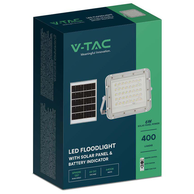 Reflector cu încărcare solară 6W, 400 lm, 6400K, IP65, aluminiu, alb V-Tac SKU-7839