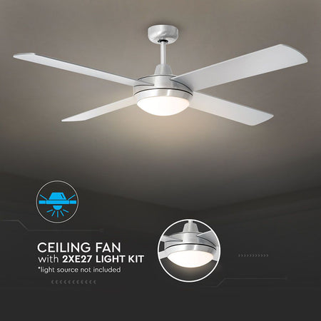 Ventilator tavan tip candelabru 2×E27, pale reversibile, telecomandă, argintiu V-Tac SKU-7918