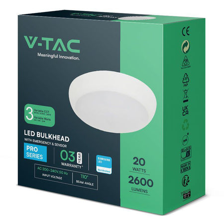 Plafonieră LED 20W 3in1 cu senzor și funcție de urgență, IP65, alb V-Tac SKU-812-24