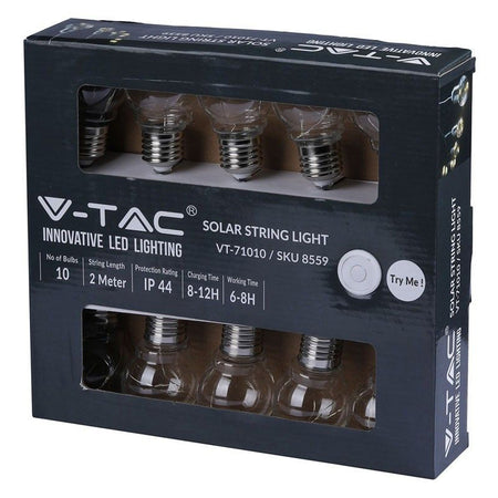 Ghirlandă solară LED 1W x 10, IP44, lumină caldă 3000K, E27, V-Tac SKU-8559