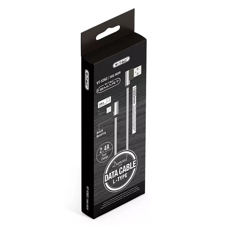 Cablu USB-A la USB tip C Diamond Edition de 1 m argintiu cu conectori la 90 de grade V-Tac SKU-8639