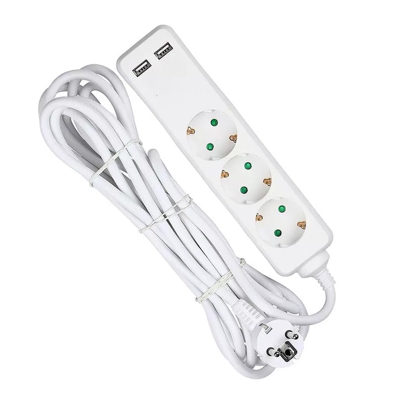 Prelungitor 3 Cai + 2usb 5m(3g1.5mm2) Alb