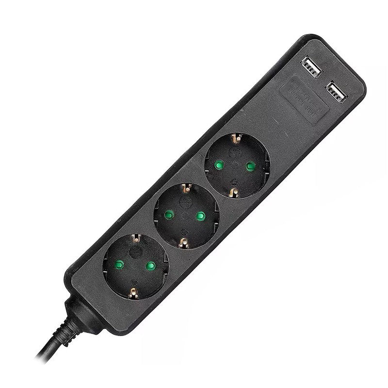 Prelungitor cu 3 prize și 2 porturi USB și cablu de 1,5 m negru V-Tac SKU-8776