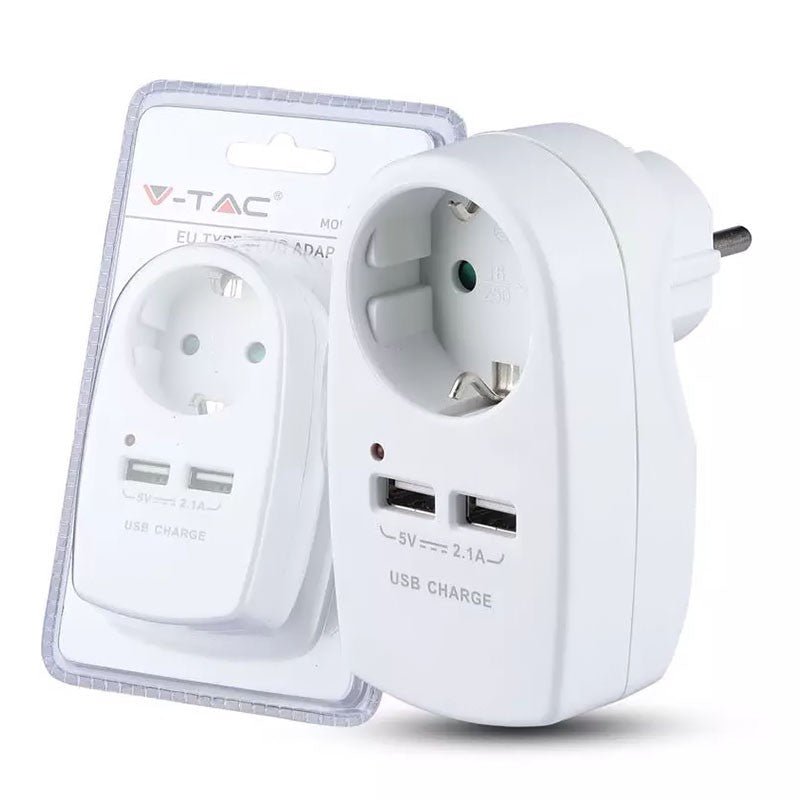 Adaptor priză Schuko 16A 3680W cu 2 porturi USB 2,1A alb V-Tac SKU-8795