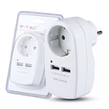 Adaptor priză Schuko 16A 3680W cu 2 porturi USB 2,1A alb V-Tac SKU-8795