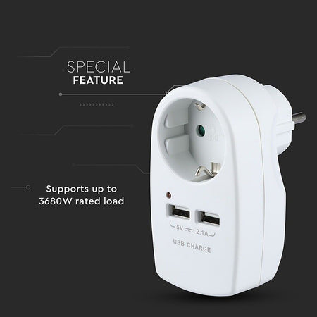Adaptor priză Schuko 16A 3680W cu 2 porturi USB 2,1A alb V-Tac SKU-8795