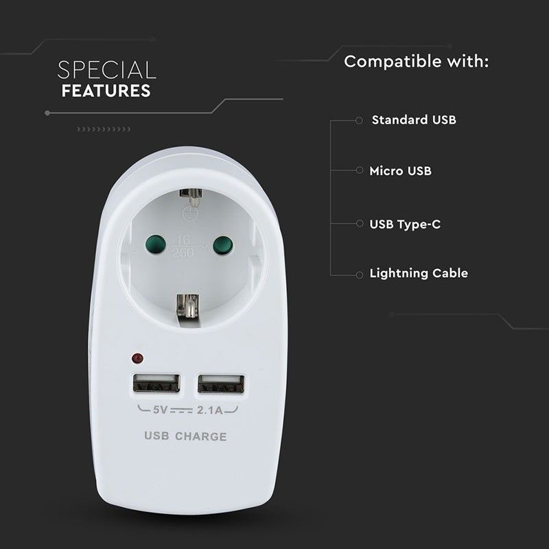 Adaptor priză Schuko 16A 3680W cu 2 porturi USB 2,1A alb V-Tac SKU-8795