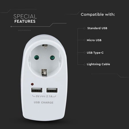 Adaptor priză Schuko 16A 3680W cu 2 porturi USB 2,1A alb V-Tac SKU-8795