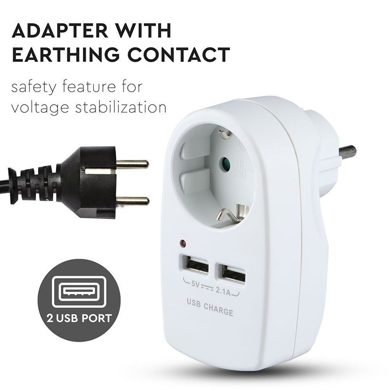 Adaptor priză Schuko 16A 3680W cu 2 porturi USB 2,1A alb V-Tac SKU-8795
