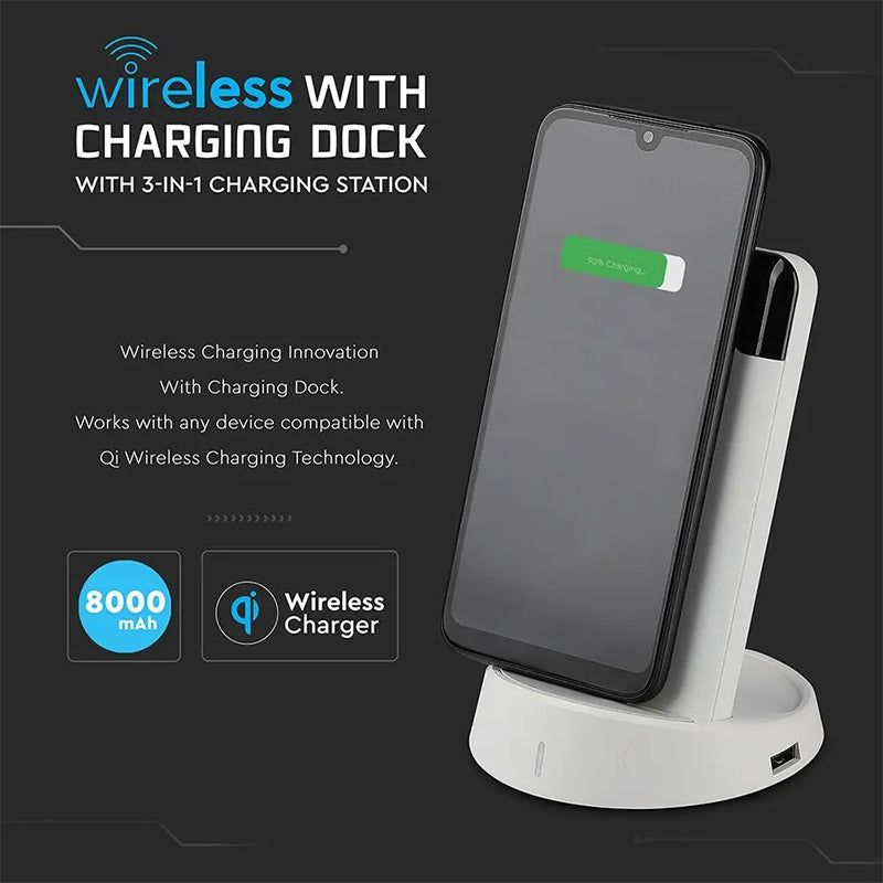 Power bank wireless 8000 mAh, afișaj digital, alb, V-Tac SKU-8861