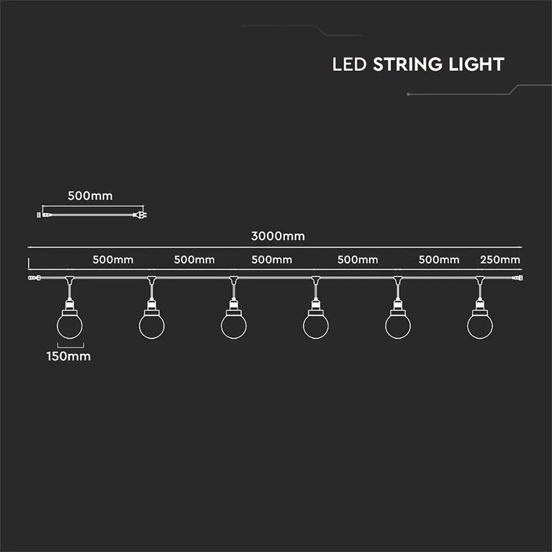 Șir iluminat festiv 3 m, 6 socluri E27, IP65, exterior, V-Tac SKU-8971