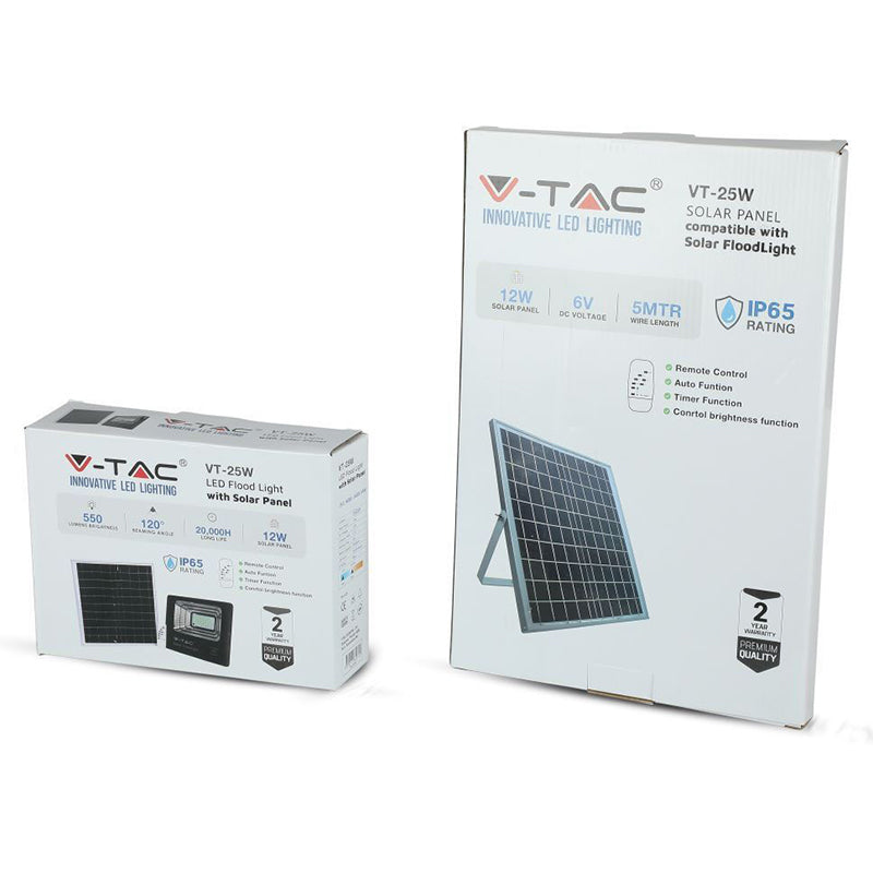 Reflector LED solar 12 W 6000 K cu panou solar și telecomandă V-Tac SKU-94006