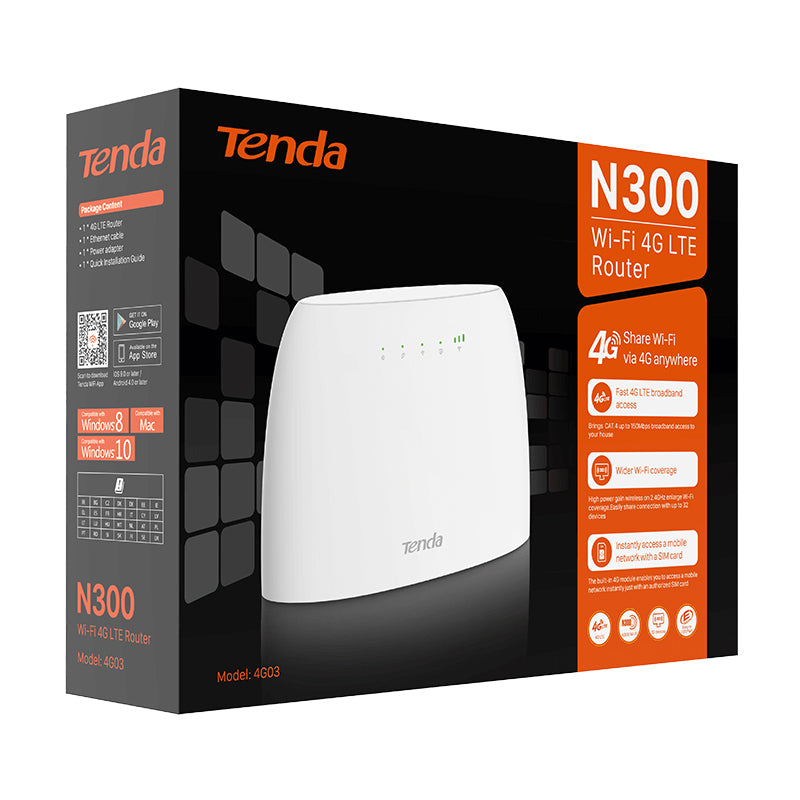 Router wireless N300 LTE, 4G/3G, până la 32 dispozitive, Tenda T-4G03