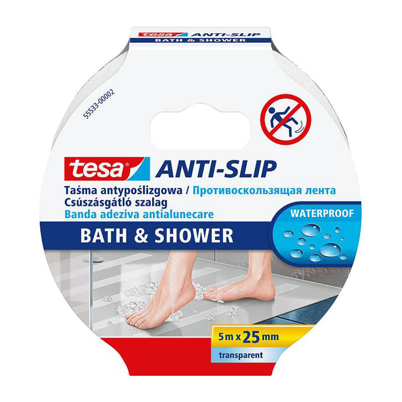 Bandă adezivă antiderapantă hidrofugă transparentă 25 mm × 5 m, pentru baie și duș, TESA T-55533-02